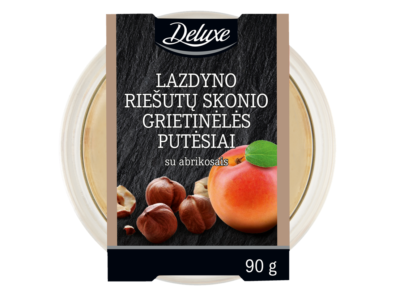 Deluxe lazdyno riešutų skonio grietinėlės putėsiai su abrikosais, 90g