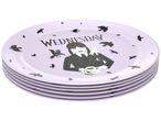 A stack of Wednesday Addams themed plates with a character illustration and flying birds.