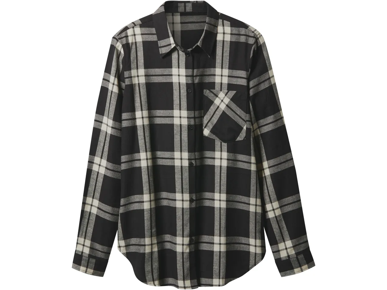 Camicia di flanella a quadri bianca e nera con una tasca sul petto