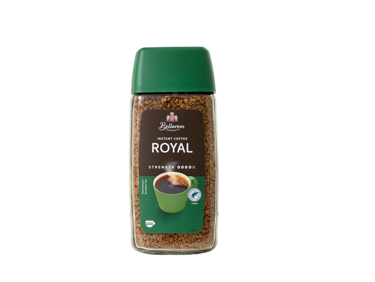 BELLAROM ROYAL lahustuv kohv klaaspurgis rohelise kaane ja etiketiga