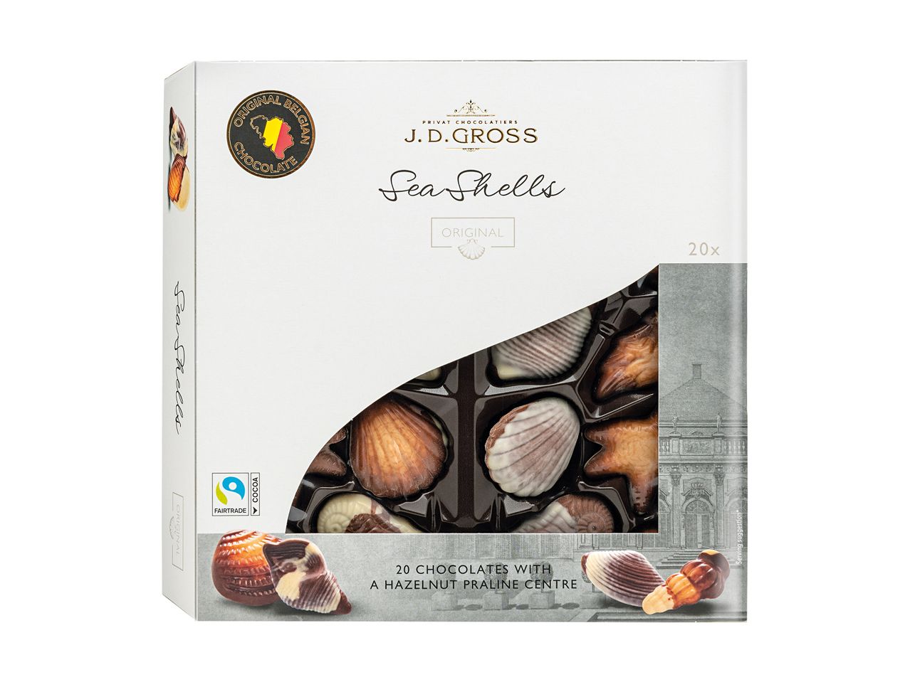 Κουτί σοκολάτας J.D. Gross Sea Shells με 20 σοκολάτες γάλακτος και φουντουκιού.