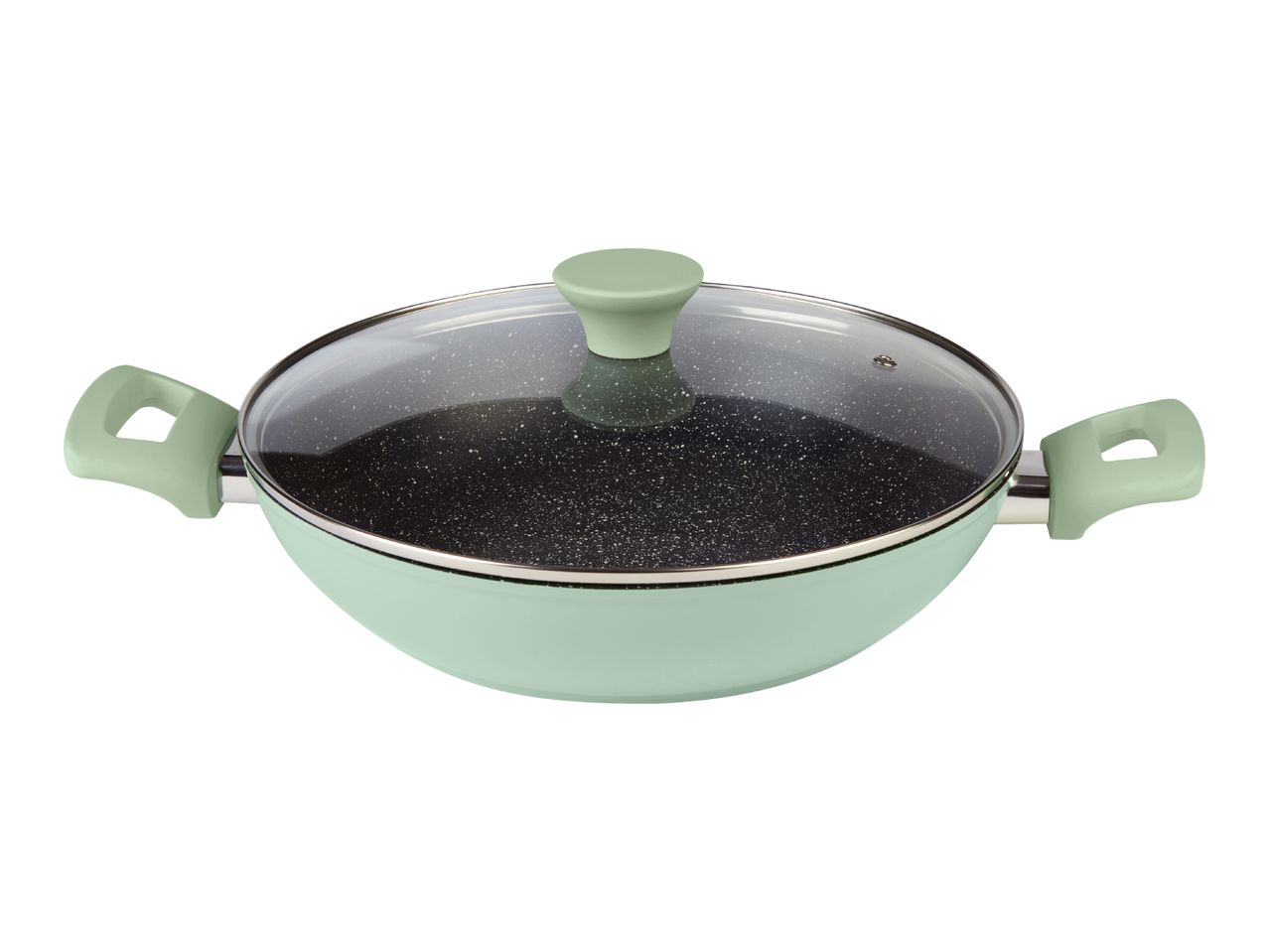 Light green wok pan with a speckled non-stick interior and a glass lid