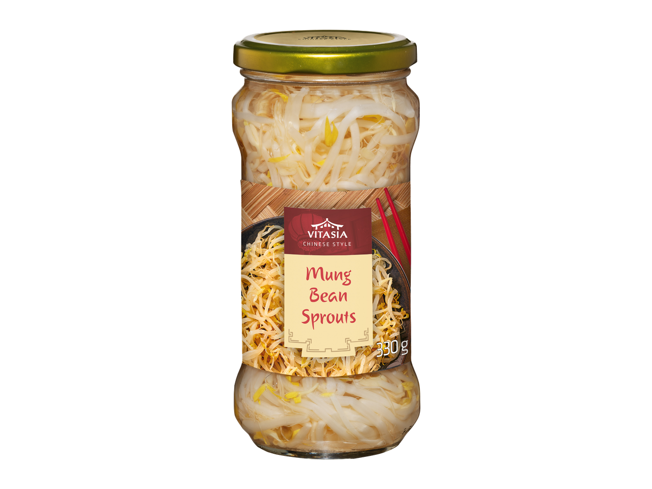 Стъклен буркан с кълнове от мунг боб, с етикет с надпис „Mung Bean Sprouts“ и тегло „330 g“.