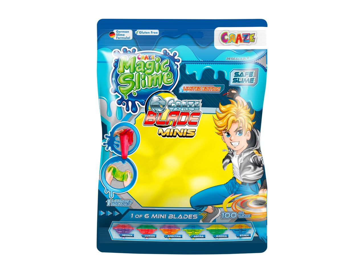 A pouch of Crazy Aaron's Thinking Putty, a yellow thinking putty with a cartoonish design.