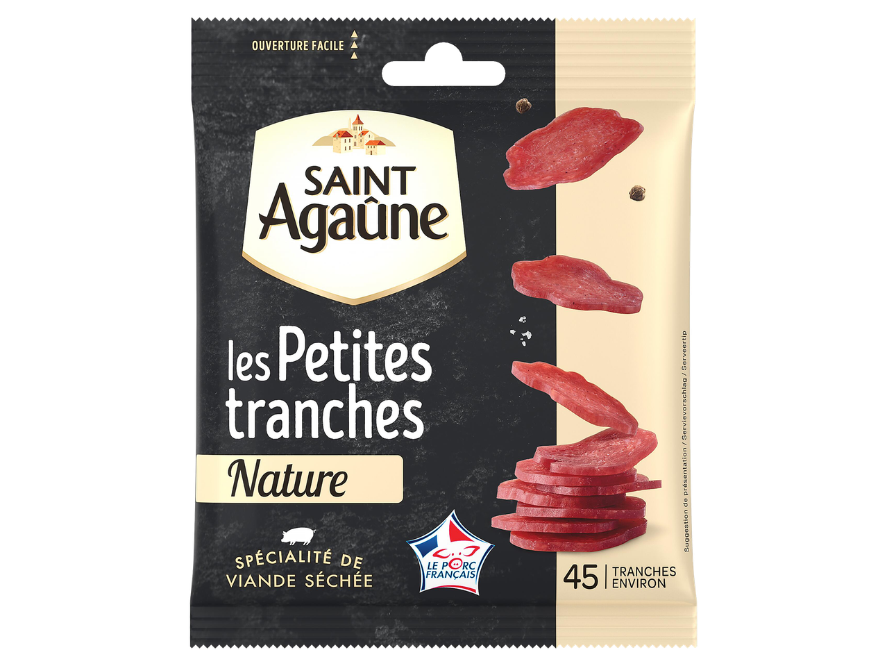Sachet de fines tranches de viande séchée, saveur nature, avec 45 tranches environ.