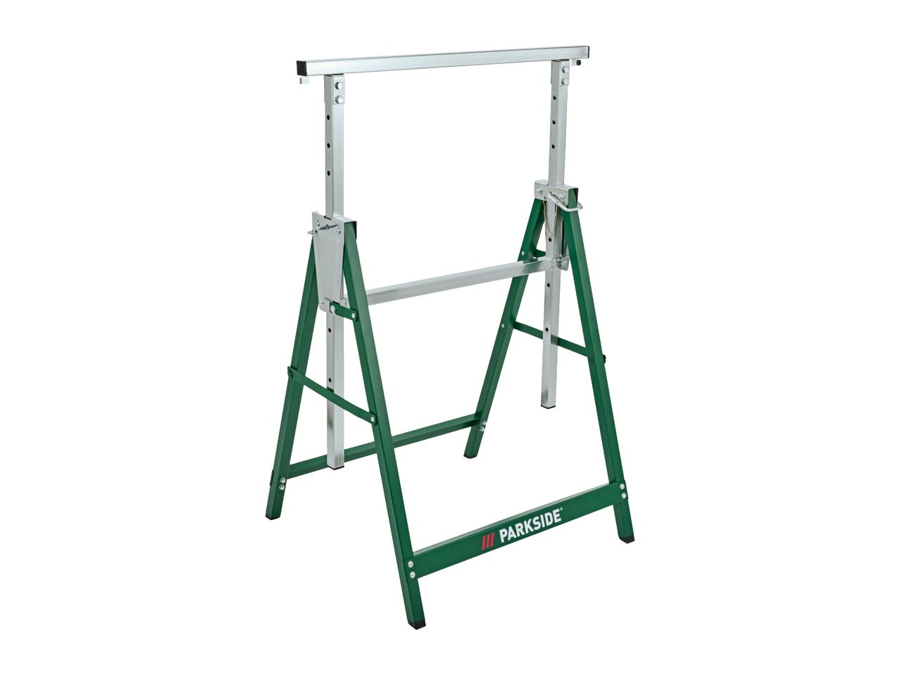 Adjustable green and silver sawhorse with a horizontal support bar.