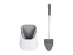 A white and gray toilet brush with a silicone head and a matching holder.