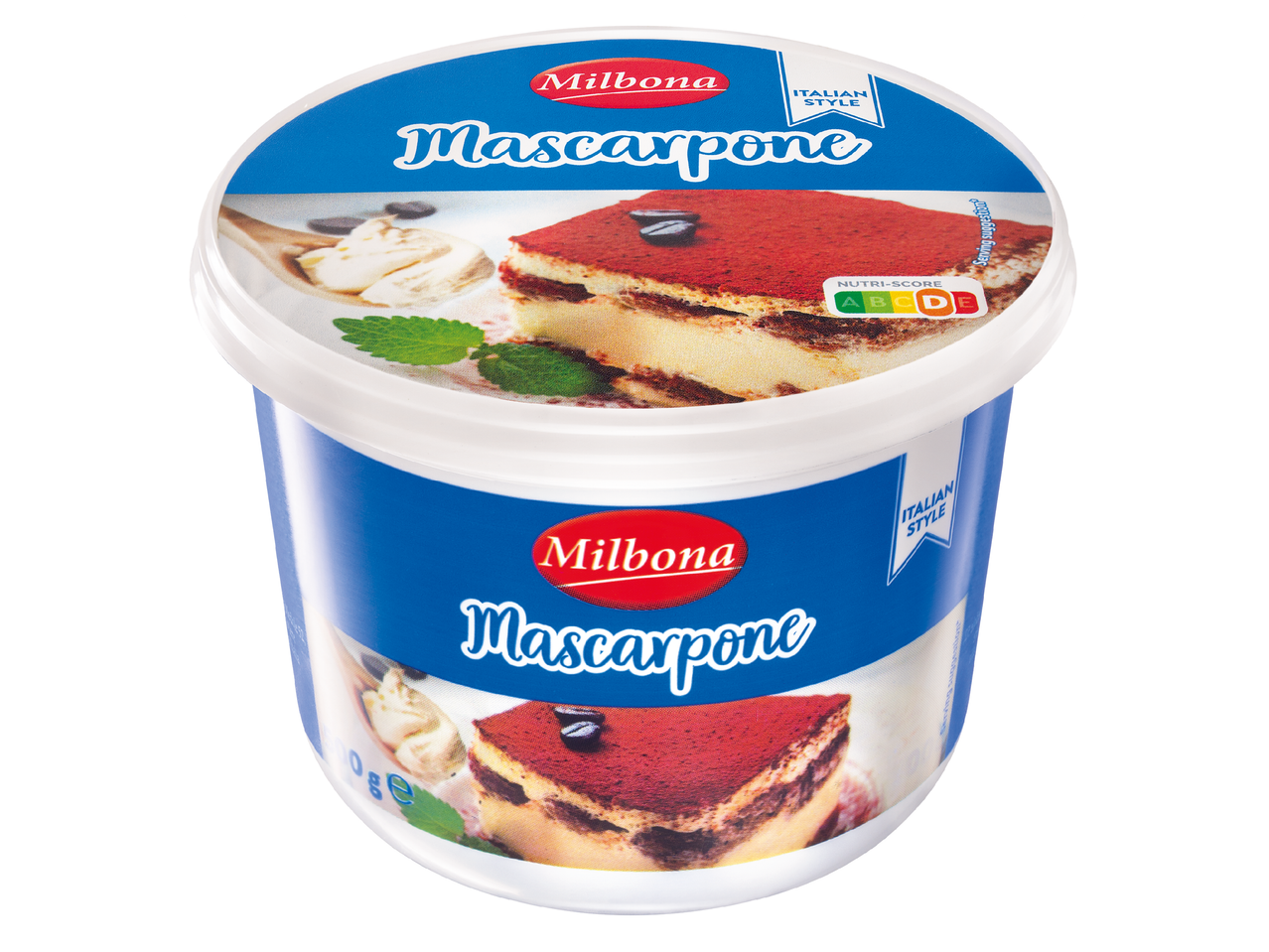 Опаковка маскарпоне в италиански стил с изображение на тирамису и Nutri-Score.