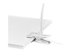 White clip-on lamp with a flexible neck attached to the edge of a white surface.