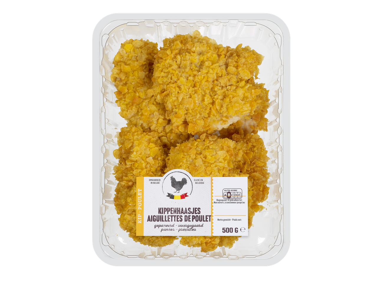 Paquet d'aiguillettes de poulet panées et précuites avec une étiquette Nutri-Score.