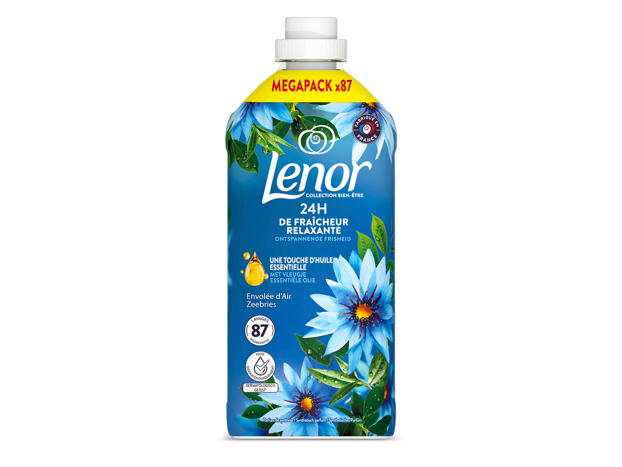 Flessen wasverzachter met blauwe bloemen en groene bladeren, met de tekst '24H DE FRAÎCHEUR RELAXANTE'.