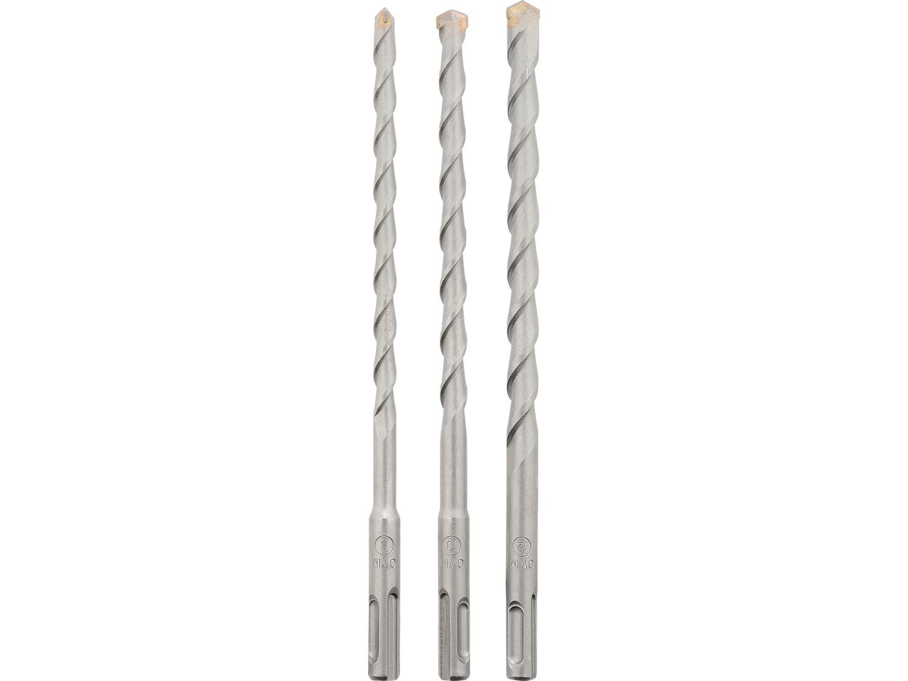 Three SDS-plus hammer drill bits of different sizes