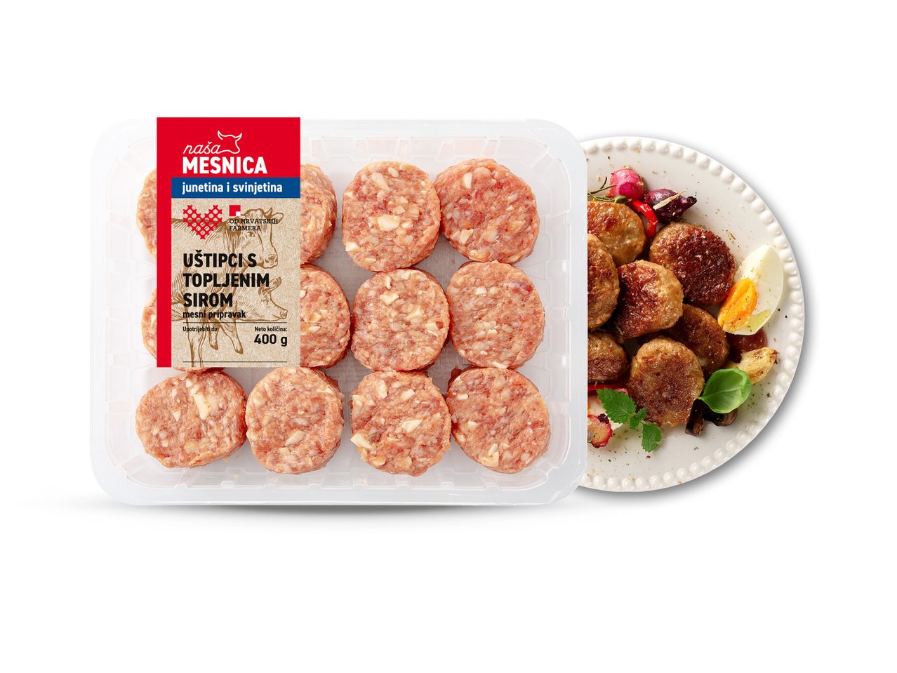 Naša Mesnica junetina i svinjetina, uštipci s topljenim sirom, 400g pakiranje i posluženo jelo.