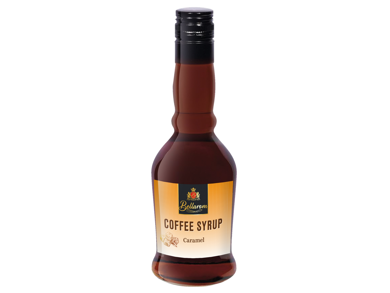 Sticlă de sirop de cafea Bellarom cu aromă de caramel.