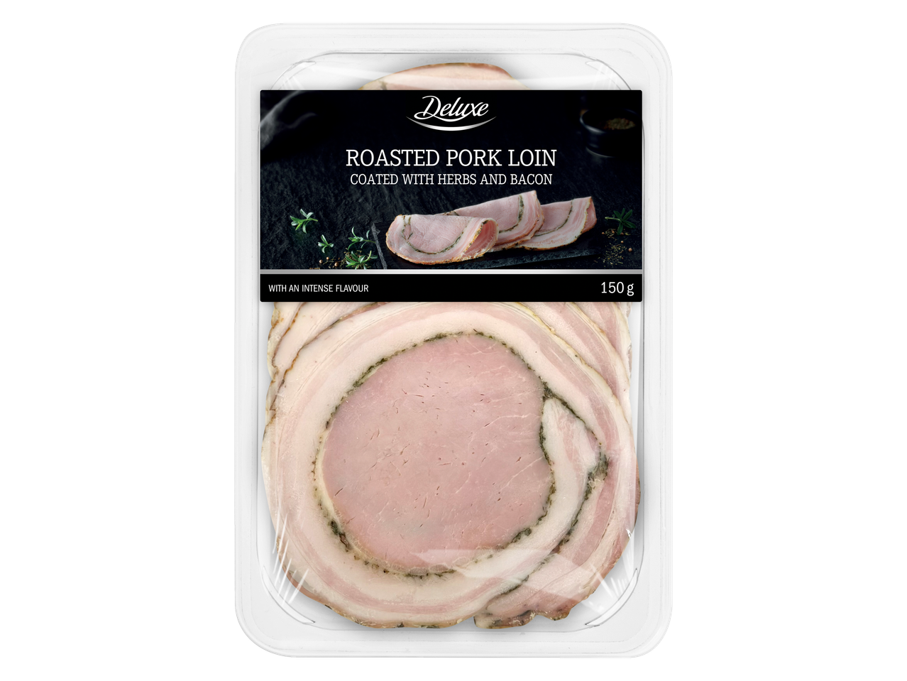 Deluxe cepta cūkas fileja ar garšaugiem un bekonu (150g).