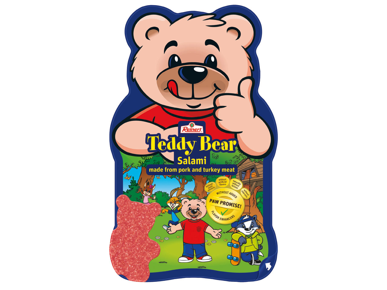 Опаковка салам от свинско и пуешко месо с форма на мече, с надпис „Teddy Bear Salami“.