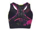 Black sports bra with a vibrant pink and yellow abstract pattern and mesh back.