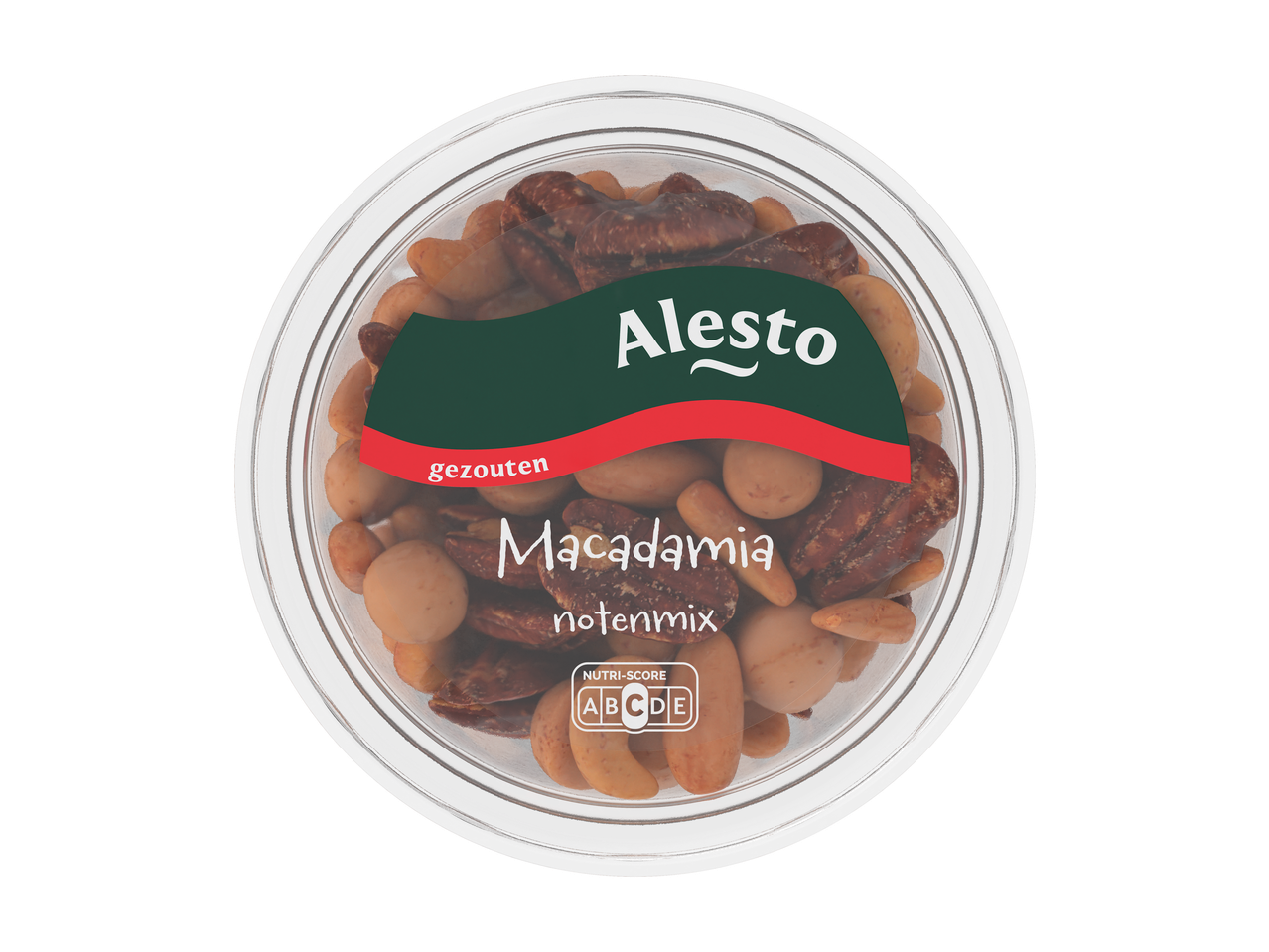 Alesto Macadamia notenmix, gezouten, met Nutri-Score C, in een doorzichtige plastic beker.