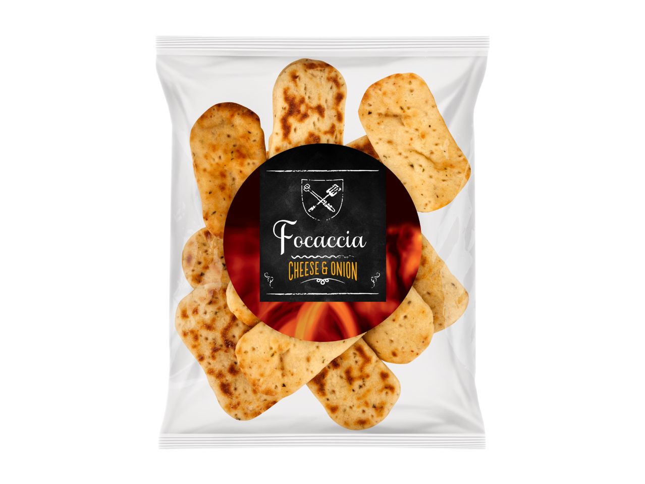 Focaccia cheese & onion snacks in a clear plastic bag with a black and red label.