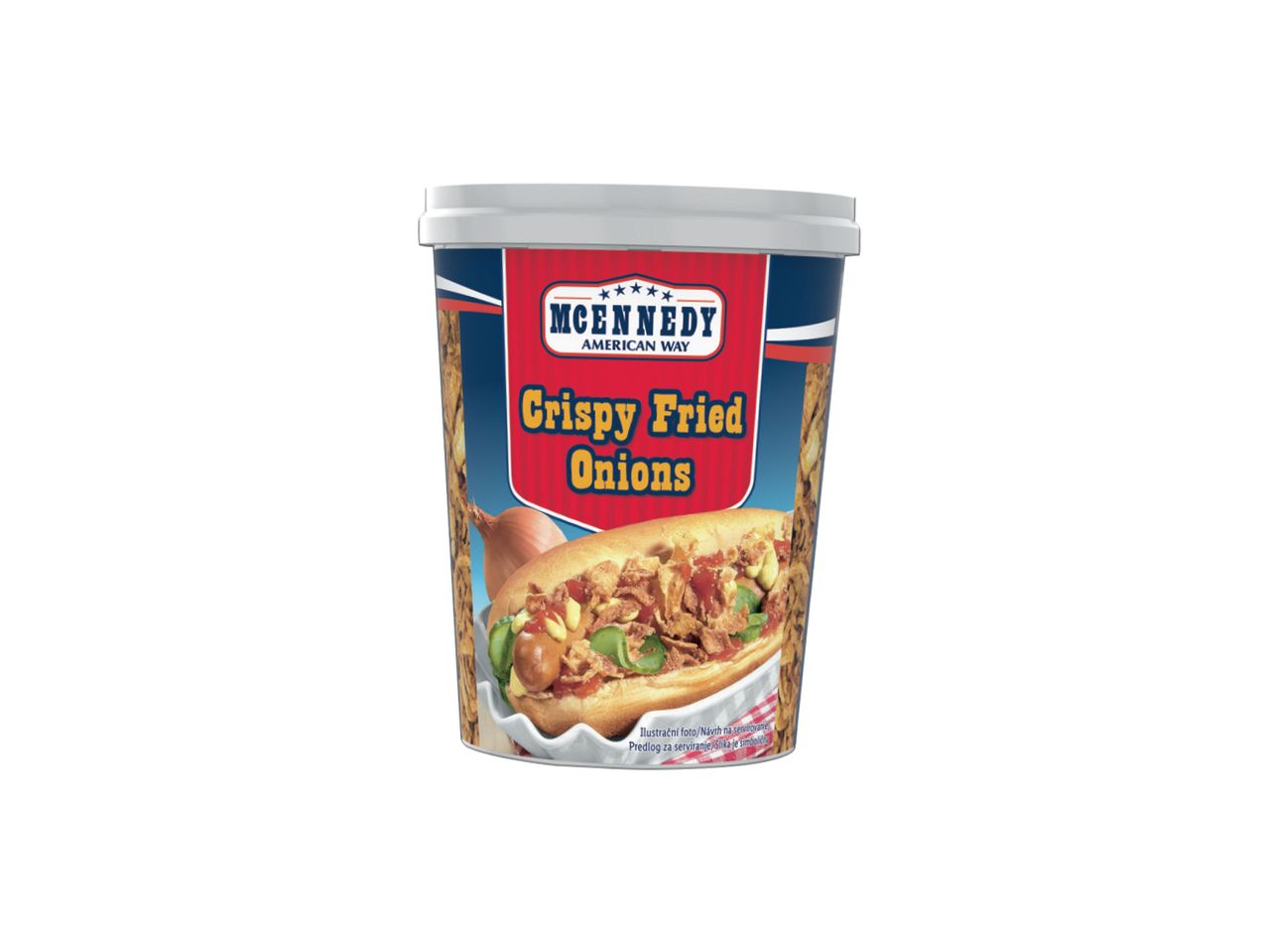 McEnnedy Crispy Fried Onions pakovanje sa hot dogom i lukom