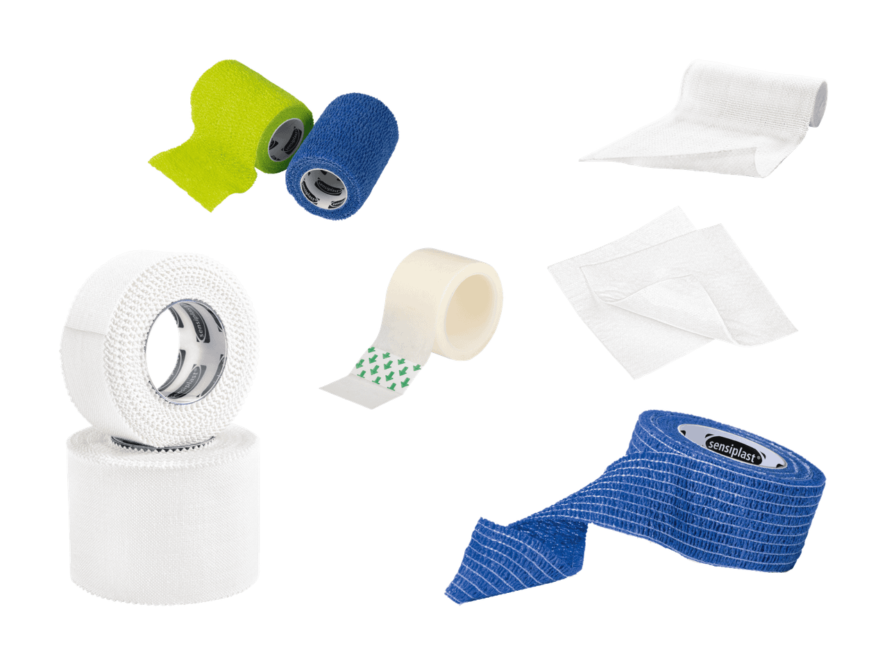 Divers types de bandages et rubans médicaux Sensiplast, y compris des rouleaux colorés et blancs.
