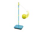 A blue and yellow swingball set with a yellow ball in motion.