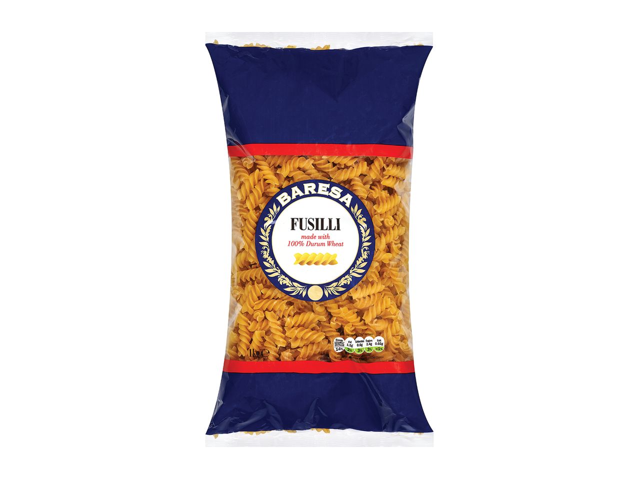 Bag of Barresa fusilli pasta, made with 100% durum wheat.