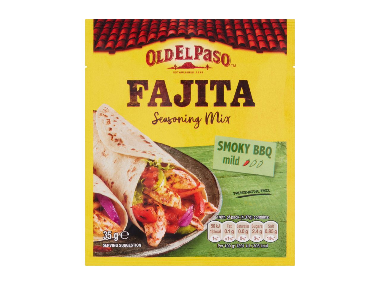 Old El Paso Fajita Seasoning Mix packet shows a delicious fajita in a tortilla.