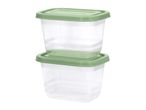 Two clear rectangular food storage containers with green lids, stacked on top of each other.