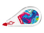 Correction tape with a clear casing and a colorful, marbled design, featuring a red dispenser tip.