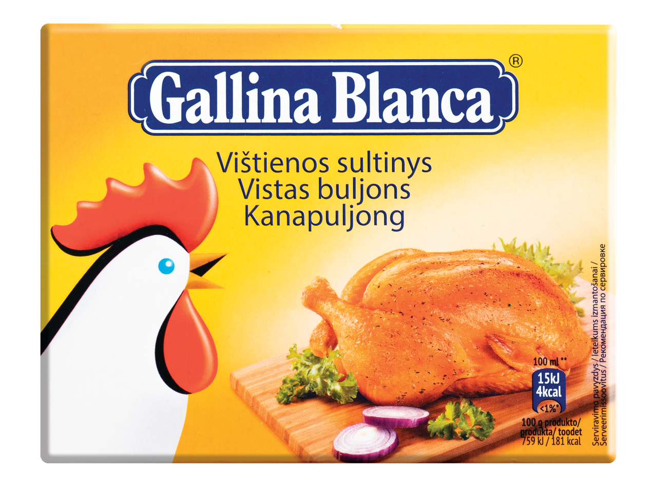 Gallina Blanca vištienos sultinys; parodyta kepta vištiena ir svogūnai.