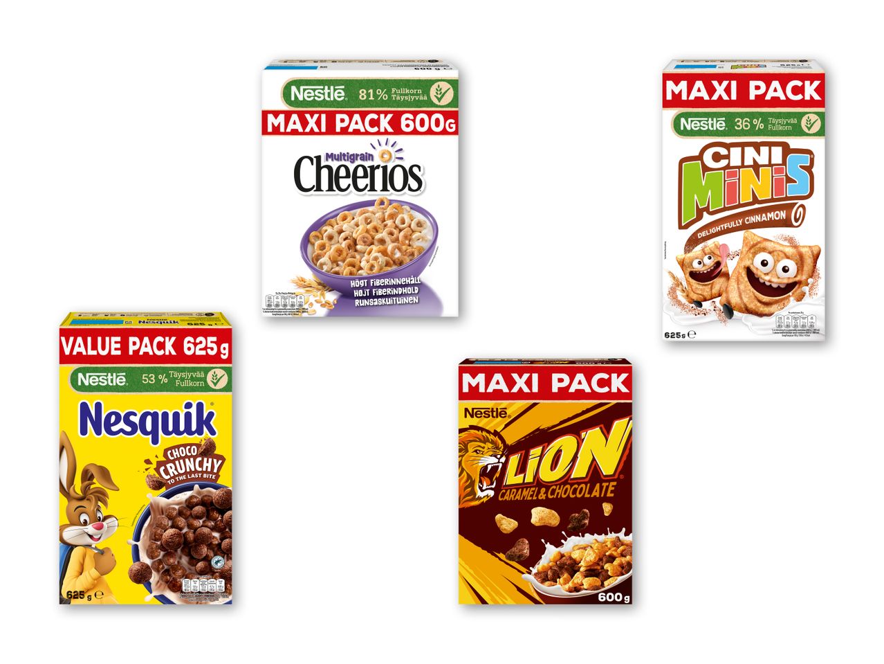 Fire pakker morgenmadsprodukter, herunder Multigrain Cheerios, Nesquik Choco Crunchy, Cini Minis og Lion Caramel & Chocolate.