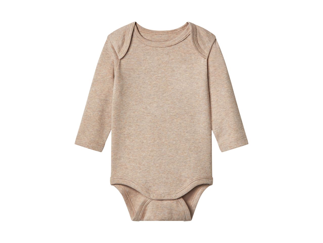 Light brown long-sleeved baby bodysuit with snap fasteners at the crotch.