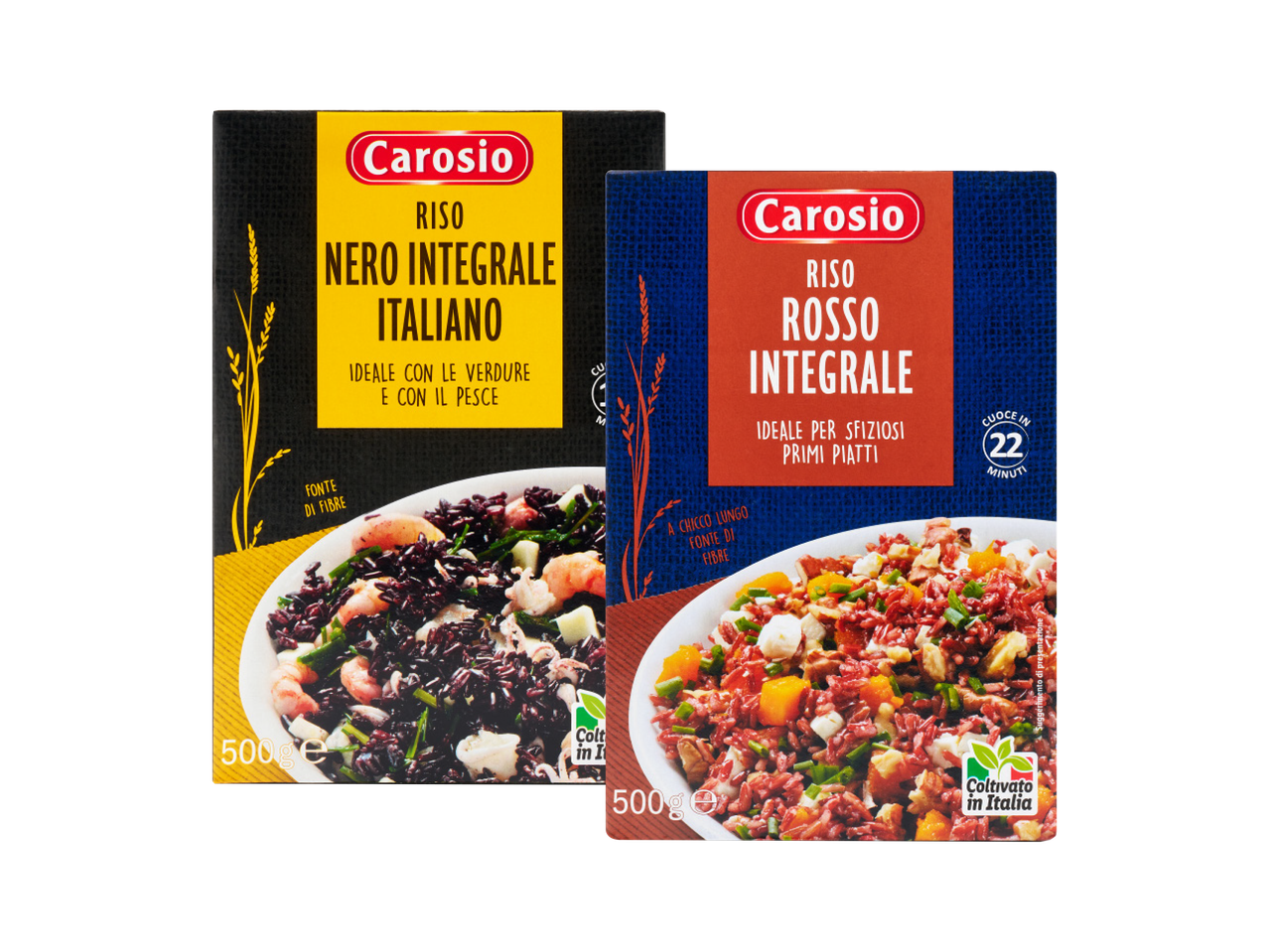 Due confezioni di riso Carnaroli: riso nero integrale e riso rosso integrale.