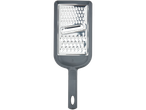A grey handheld box grater with a stainless steel grating surface.