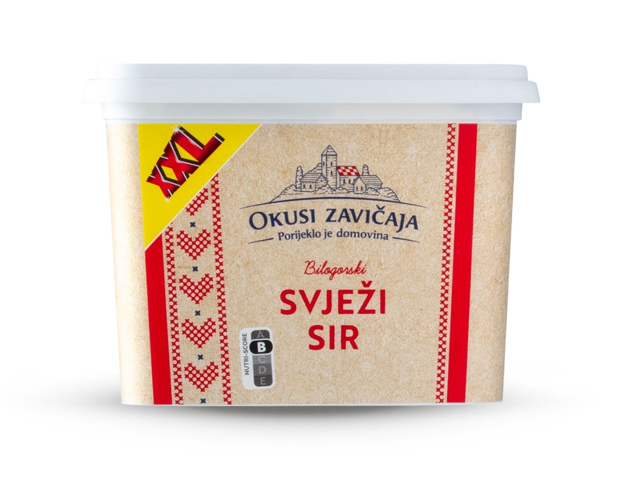 Okusi Zavičaja Bilogorski svježi sir XXL s Nutri-Score B oznakom.