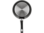A black frying pan with a stainless steel bottom and a black handle.