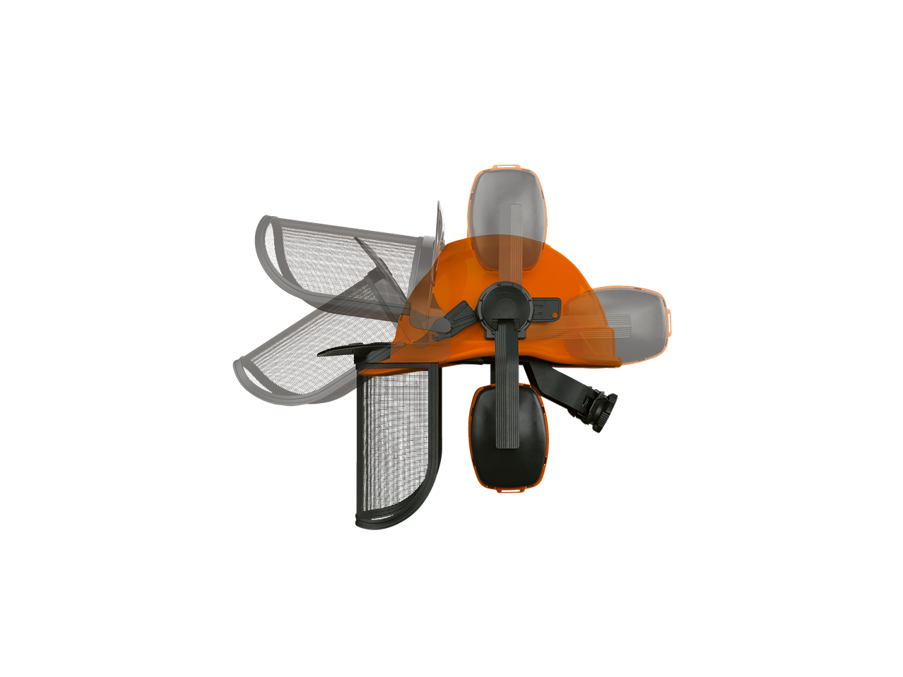 Oranža aizsargķivere ar ausu aizsargiem un sejas vairogu.