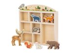 Wooden forest animal toy set with a display shelf, including a deer, fox, badger, and bear.