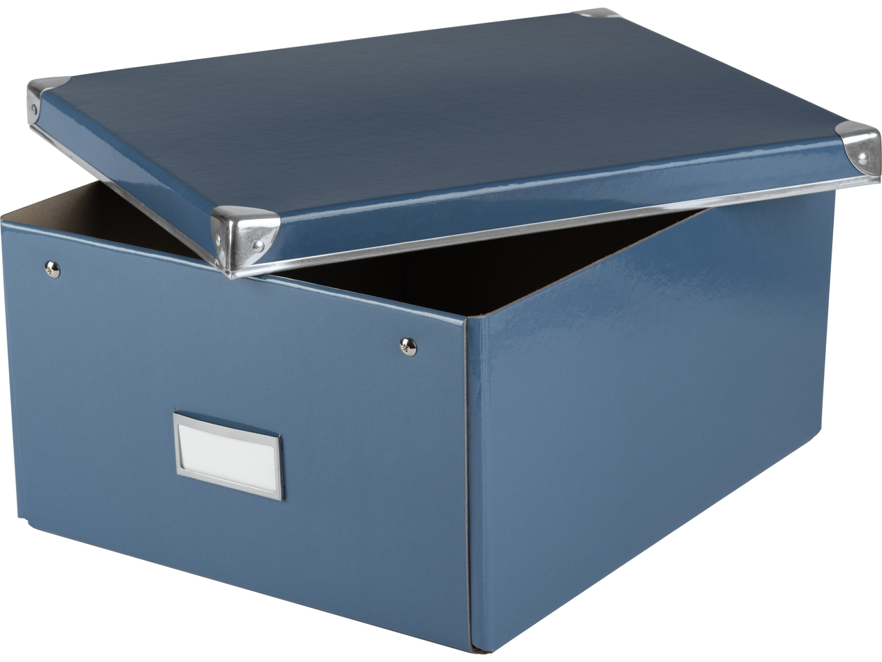 Zila uzglabāšanas kaste ar atvērtu vāku.