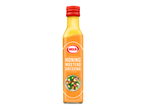 Fles honing-mosterddressing met een saladeafbeelding en de tekst 'Honing Mosterd Dressing'.