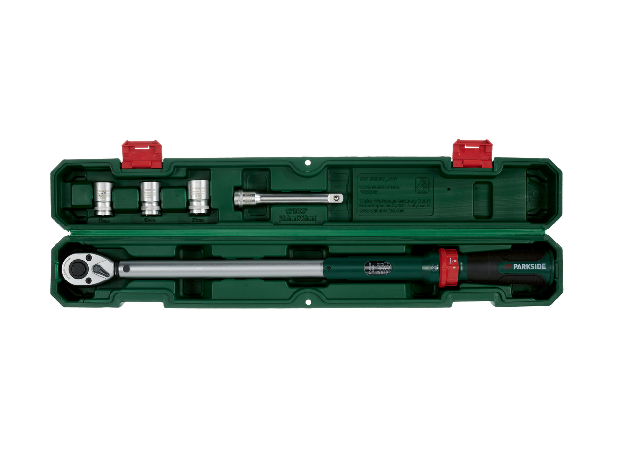PARKSIDE momentvõtmete komplekt padrunite ja pikendusega, rohelises karbis.