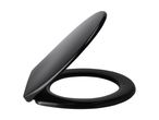 Black toilet seat with lid, partially open, isolated on a white background.