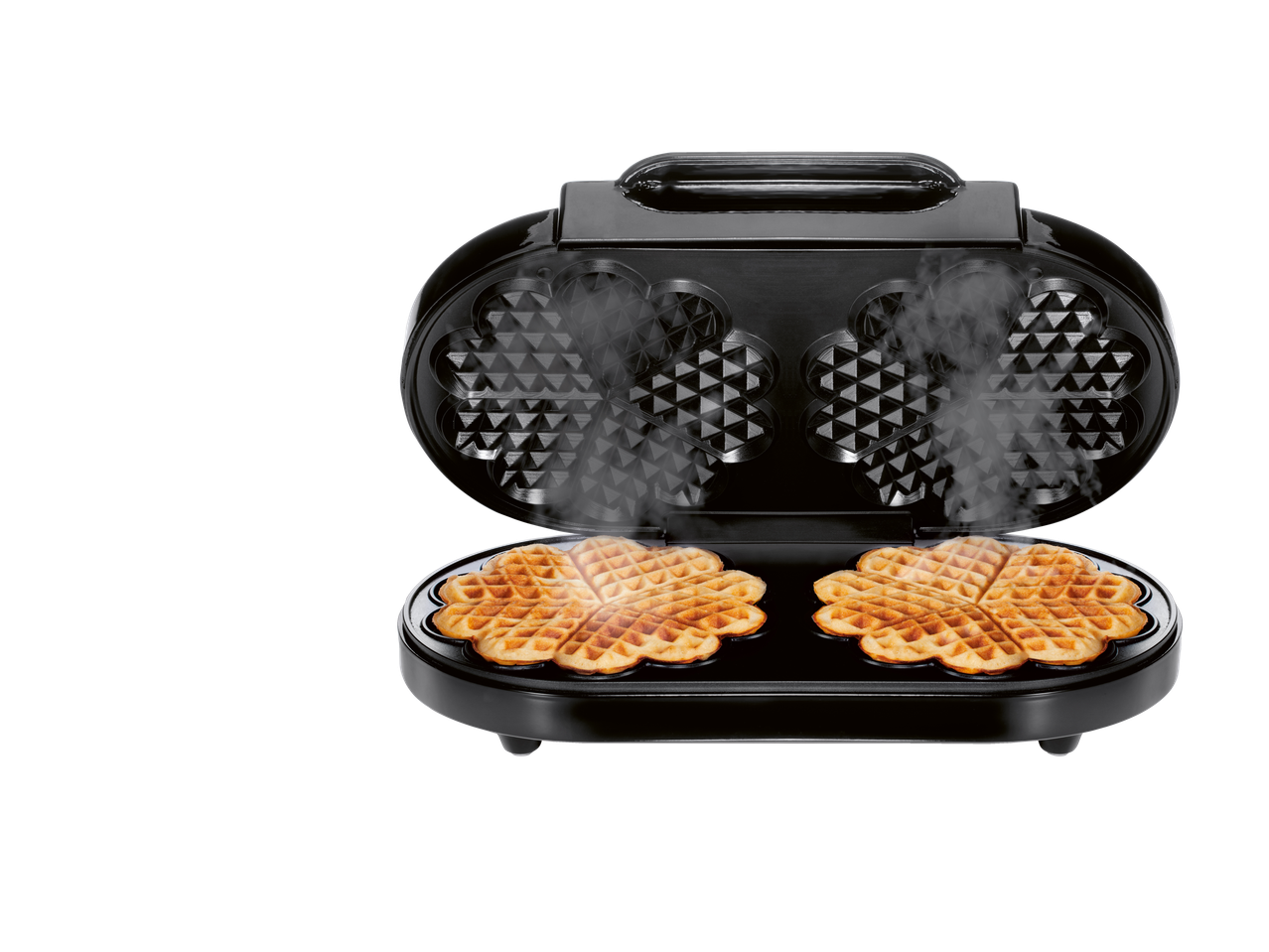 Silvercrest® dviguba vaflinė su dviem garuojančiais širdies formos vafliais.