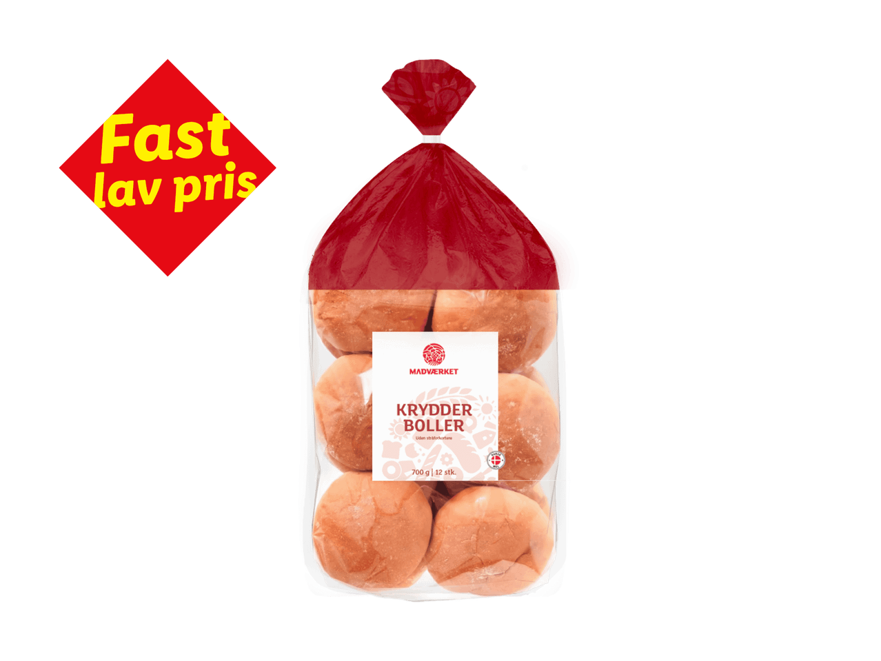 En pakke med 12 krydderboller med et rødt mærke, der siger 'Fast lav pris'.