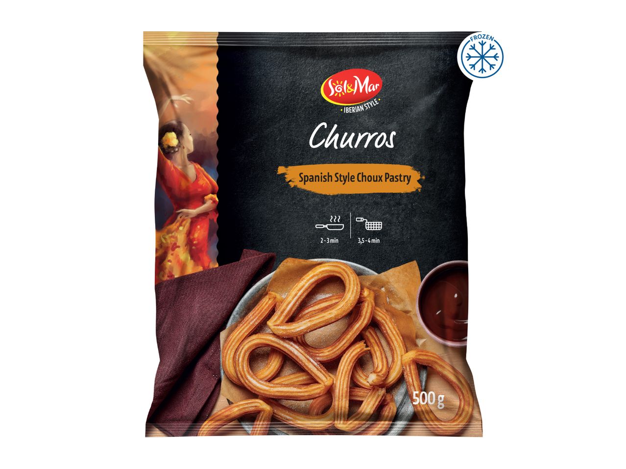 Frozen Spanish-style churros with a side of chocolate dip, 500g.