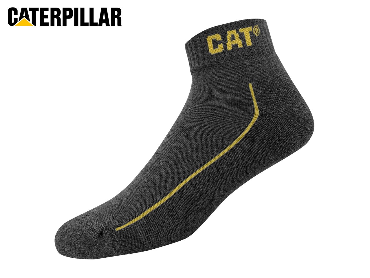 Dark grey ankle sock with a yellow stripe and text on the cuff.