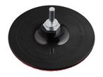 Black sanding pad with a metal shaft, displaying specifications like 125 mm, 80 m/s, and 12,200 rpm.