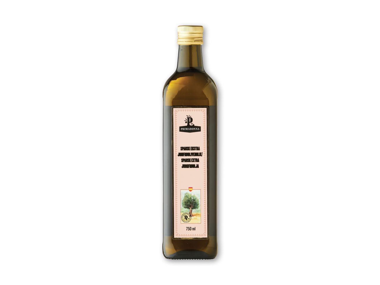 Primadonna spansk ekstra jomfruolivenolie i en 750 ml flaske.