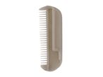 A small, light-colored plastic comb with a rounded top and bottom.